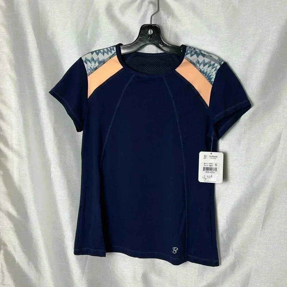 SOFIBELLA women blue activewear top, UV, mesh. Fitted ,crew neck ,  cap sleeves